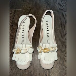 Hispanitas Taupe Slingback heels with Fringe and Beaded details size 37/ 6.5